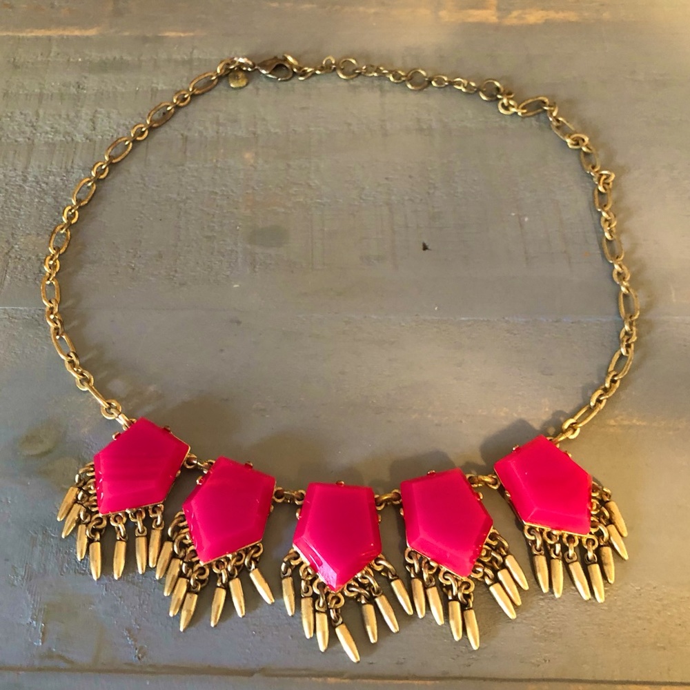 J.Crew statement necklace in magenta and gold.